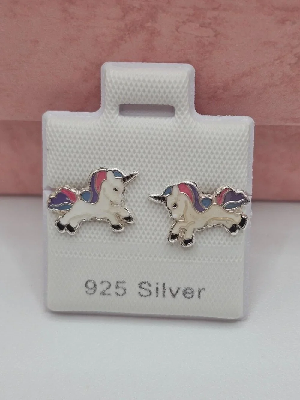 Sterling Silver 925 High Polished Enamel Jumping Unicorn Screw Stud Earrings
